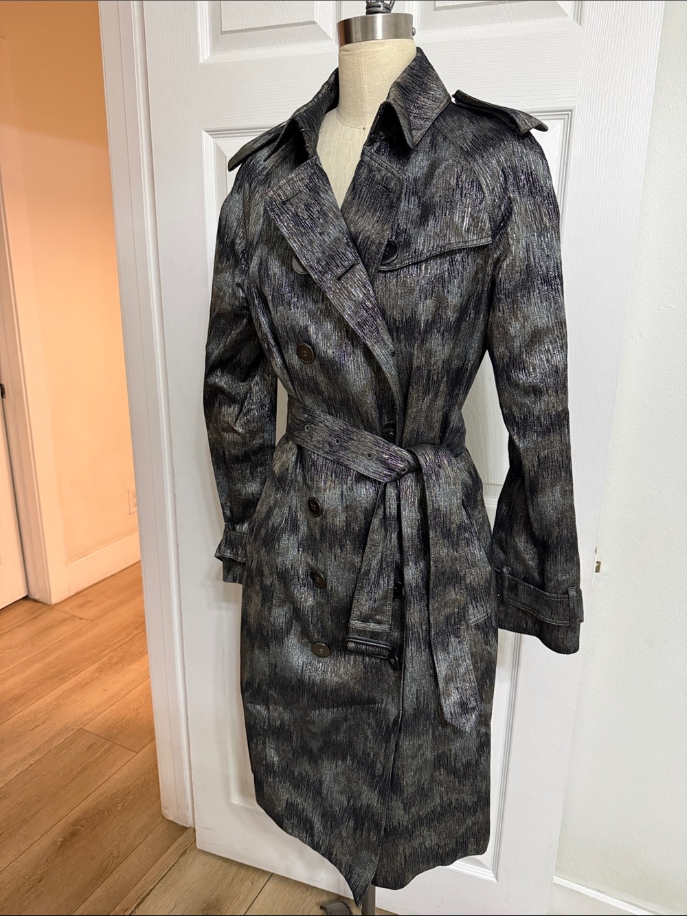 Burberry Charcoal and Black Patterned Double-Breasted Trench Coat - Picture 1 of 10